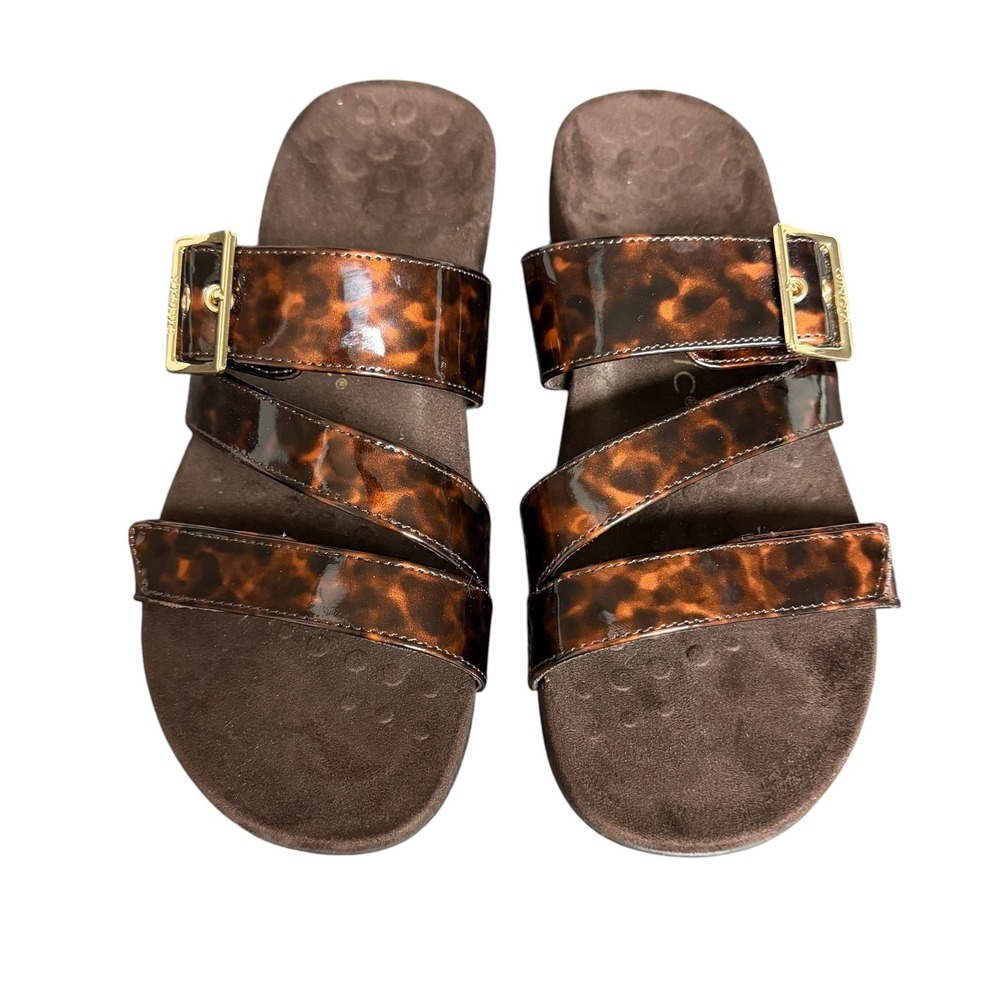 Vionic Skylar Tortoise Shell Patent Adjustable Slide Sandals Brown Gold Buckle